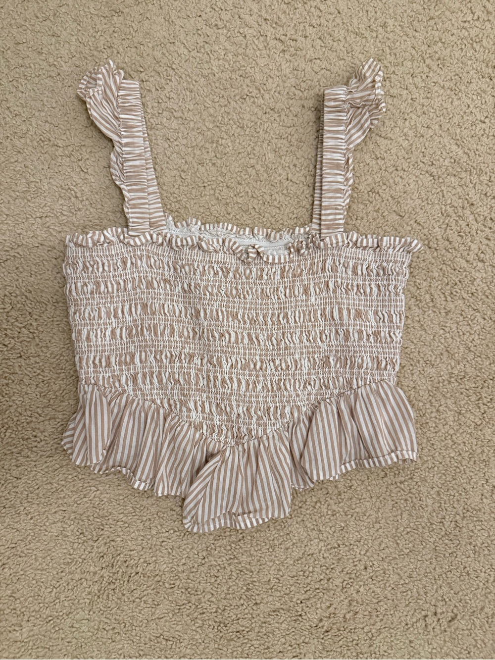 American Eagle Outfitters Beige & White Striped Smocked Ruffle Crop Top